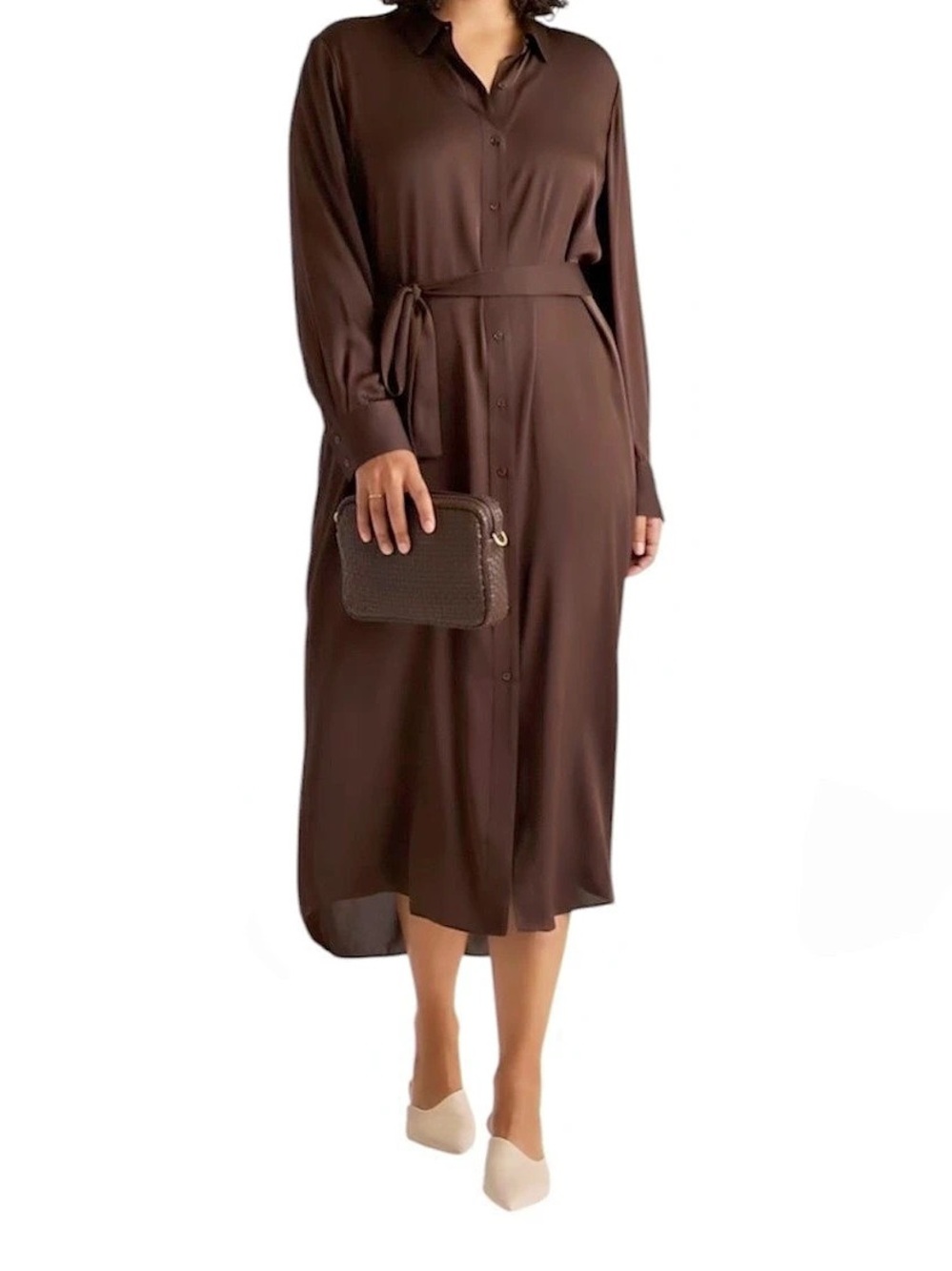 Women's Brown Silk Midi Shirt Dress